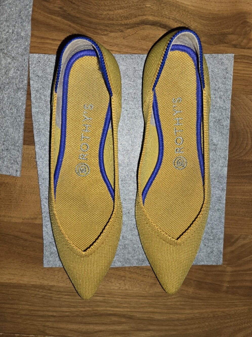 Rothy's Retired Marigold Yellow Pointed-Toe Flats with Blue Trim